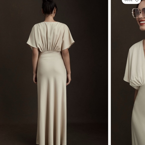 BHLDN LEILA DEEP-V FLUTTER-SLEEVE SATIN A-LINE GOWN - Picture 2 of 6